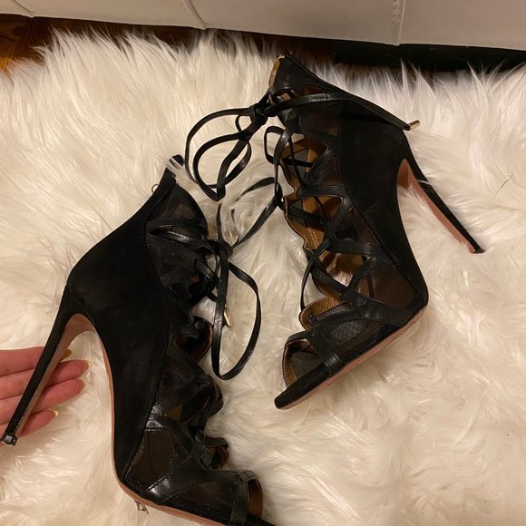 Aquazzura Black Leather Suede Strappy French Lover Booties SZ 37 - Picture 10 of 13